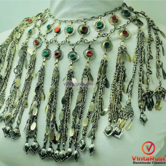 Unique Afghan Kuchi Necklace, Gypsy Multi-Layered Tribal Jewelry with Charms - Picture 6 of 7